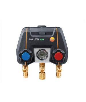 testo 550i, Digital 2-way manifold, including batteries (3 x AAA), calibration protocol, and instruction manual