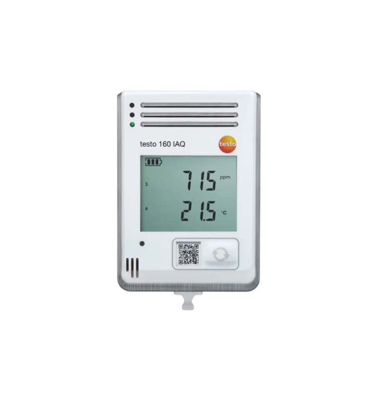 testo 160 IAQ, WiFi-логгер данных с дисплеем и встроенными сенсорами температуры, влажности, CO2 и атмосферного давления