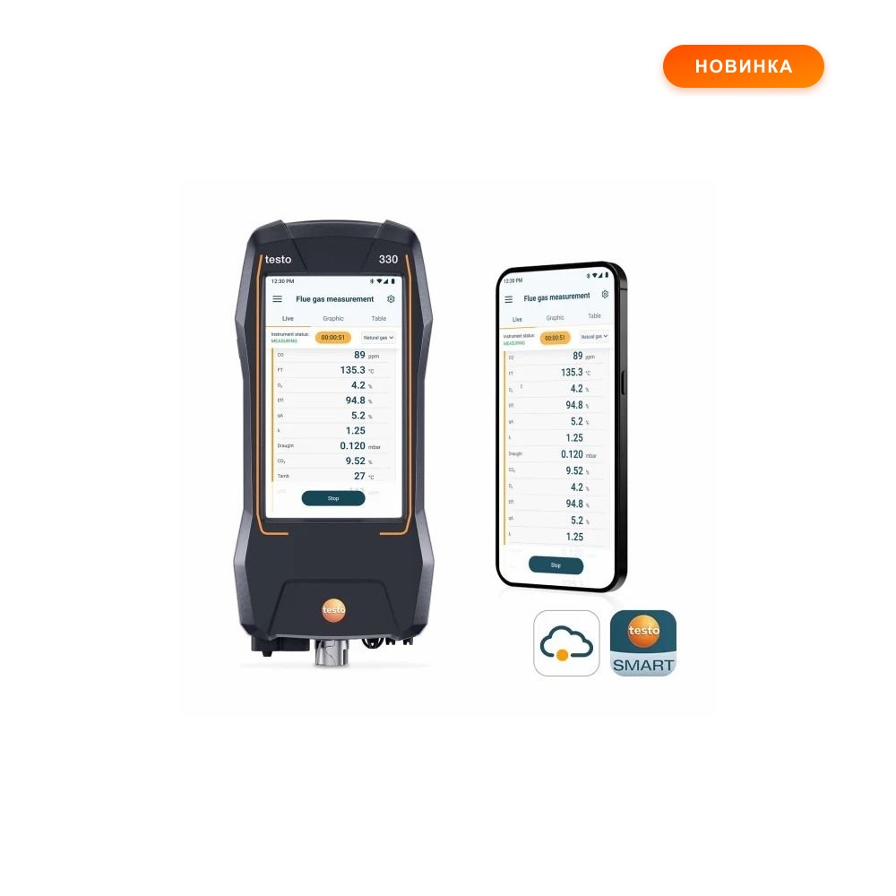 testo 330 — газоанализатор с сенсорами O₂ и CO/H₂ (сенсорный дисплей 5,5